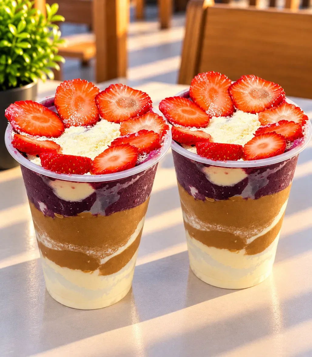 Dois copos de açaí em camadas com morango e leite em pó, numa mesa ao sol